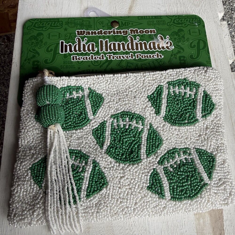India Handmade Beaded Football Clutch Pouch With Tassel Green White Fall NWT